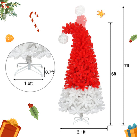 6FT Whimsical Santa Hat Christmas Tree | 1050 PET Tips | Pre-Lit 300 Cold White LEDs | Red & White | Indoor Holiday Decor