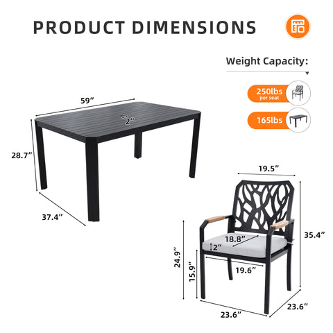 7PC Aluminum Patio Dining Set: Modern Bourbon Brown 6-Seat Outdoor Furniture with Sunbrella Cushions, Nature-Inspired Backrest & Umbrella Hole Table for Garden & Leisure