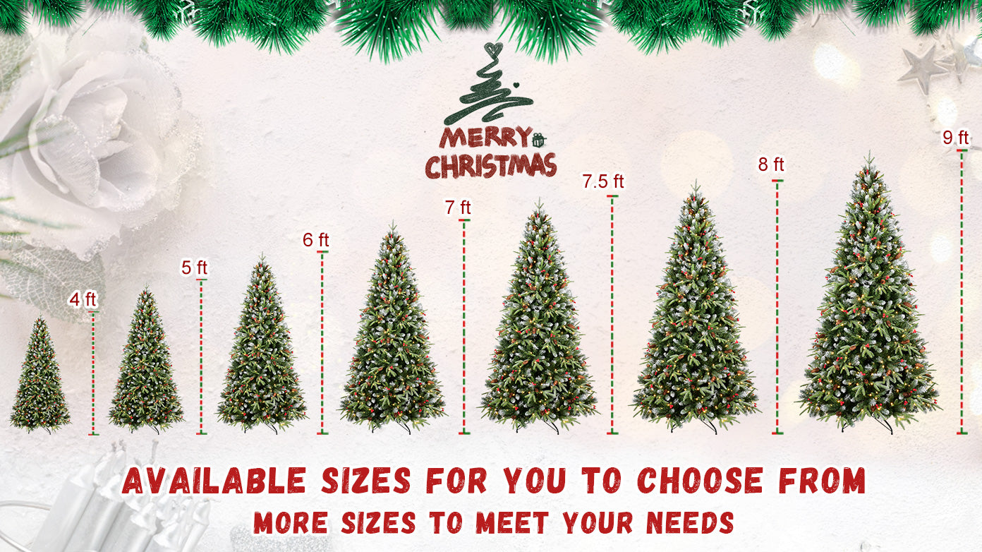 7.5FT Snow-Tipped Christmas Tree: 500 Warm White LEDs, 2514 PE+PVC Branches with Berries &amp; Pine Cones. Hinged, Metal Stand for Festive Holiday Home Decor