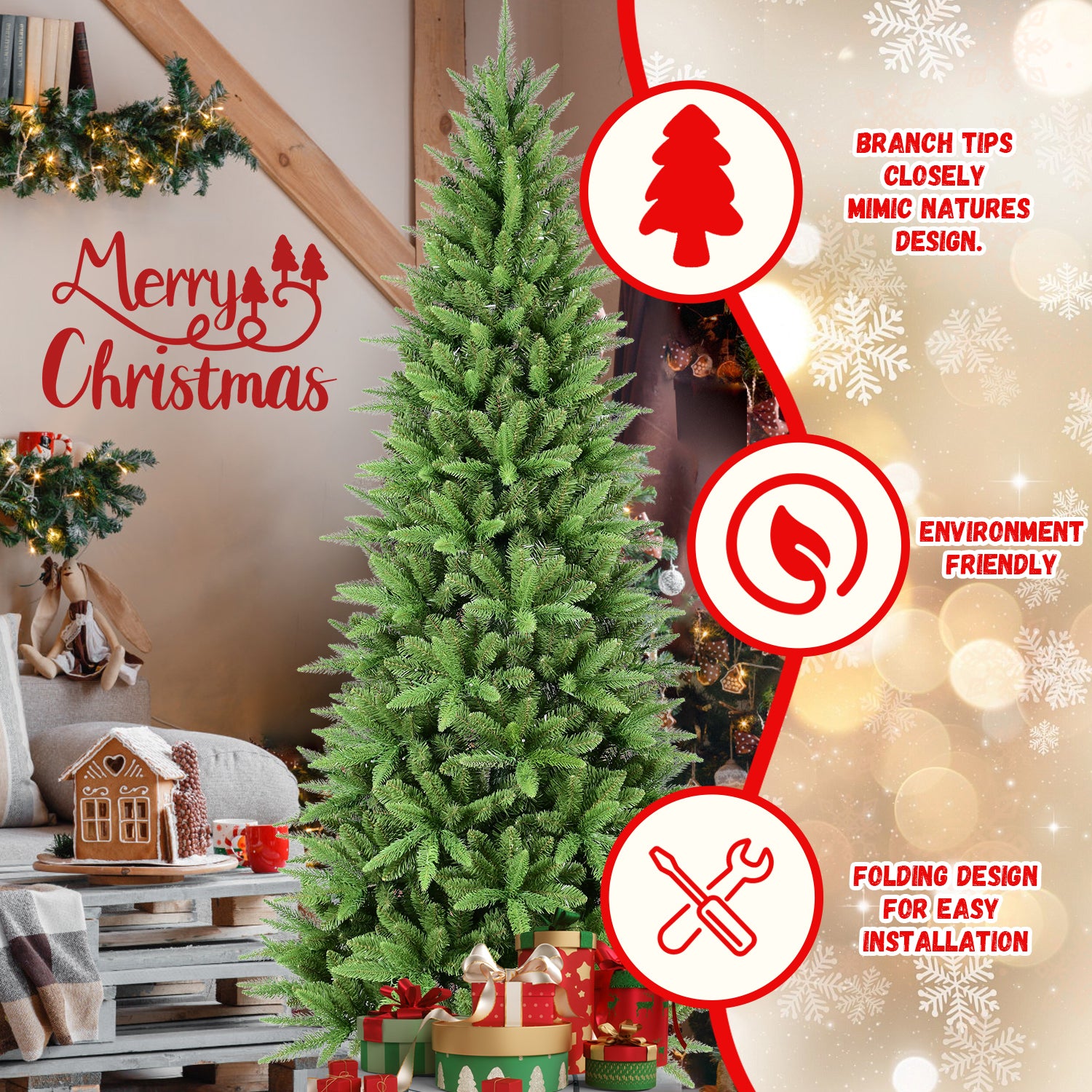 6ft Slim Green Christmas Tree - 850 Realistic PE+PVC Tips, Hinged for Easy Setup, Sturdy Metal Stand - Perfect for Apartments, Corners &amp; Small Spaces