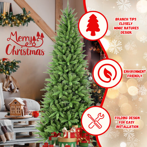 9FT Slim Green Christmas Tree: 2152 Realistic PE+PVC Tips, Hinged Design, Stable Metal Stand – Perfect for Apartments, Corners & Small Spaces