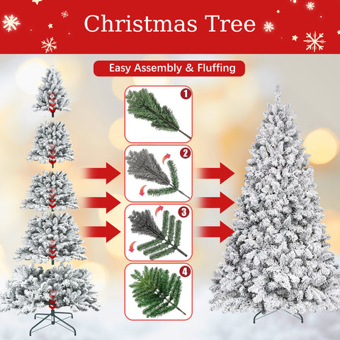 7FT Flocked Snowy PVC Christmas Tree with 45 Natural Pinecones, 1124 Full Tips, Sturdy Metal Stand for Indoor Holiday Home Decor - Lush Green &amp; White Artificial Tree
