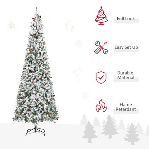 HOMCOM 9ft Pencil Snow Flocked Christmas Tree: Realistic Pine Branches, Pine Cones &amp; Red Berries, Auto-Open, Flame Retardant, Green Plastic for Festive Home Decor