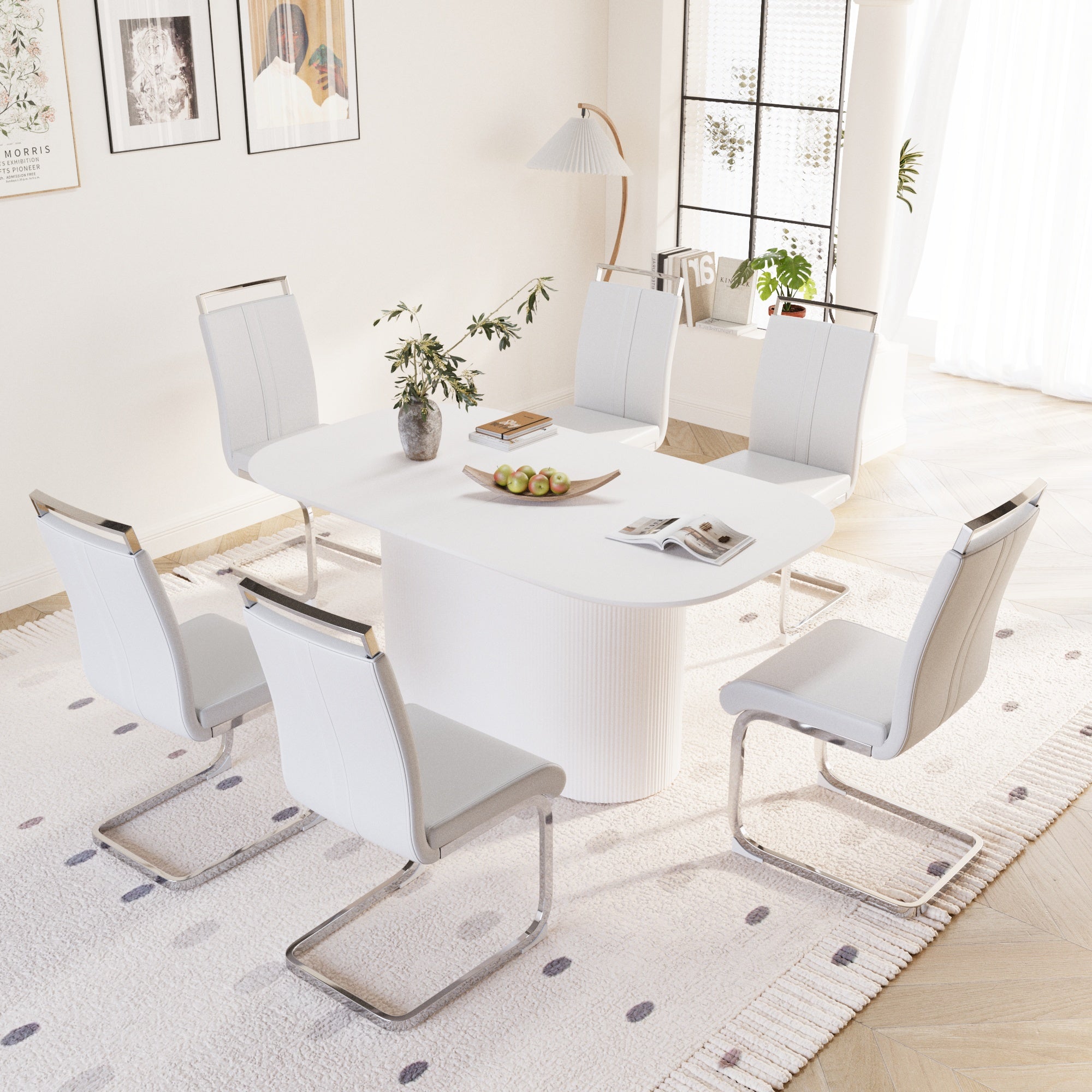 63" Creamy White MDF Dining Table Set for 6-8, Modern Mid-Century Style PU Leather Armless Chairs with Silver Metal Legs, Perfect for Home Kitchen & Dining Room