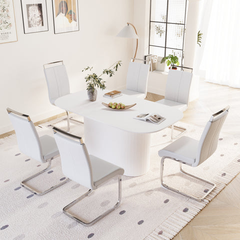 63" Creamy White MDF Dining Table Set for 6-8, Modern Mid-Century Style PU Leather Armless Chairs with Silver Metal Legs, Perfect for Home Kitchen & Dining Room