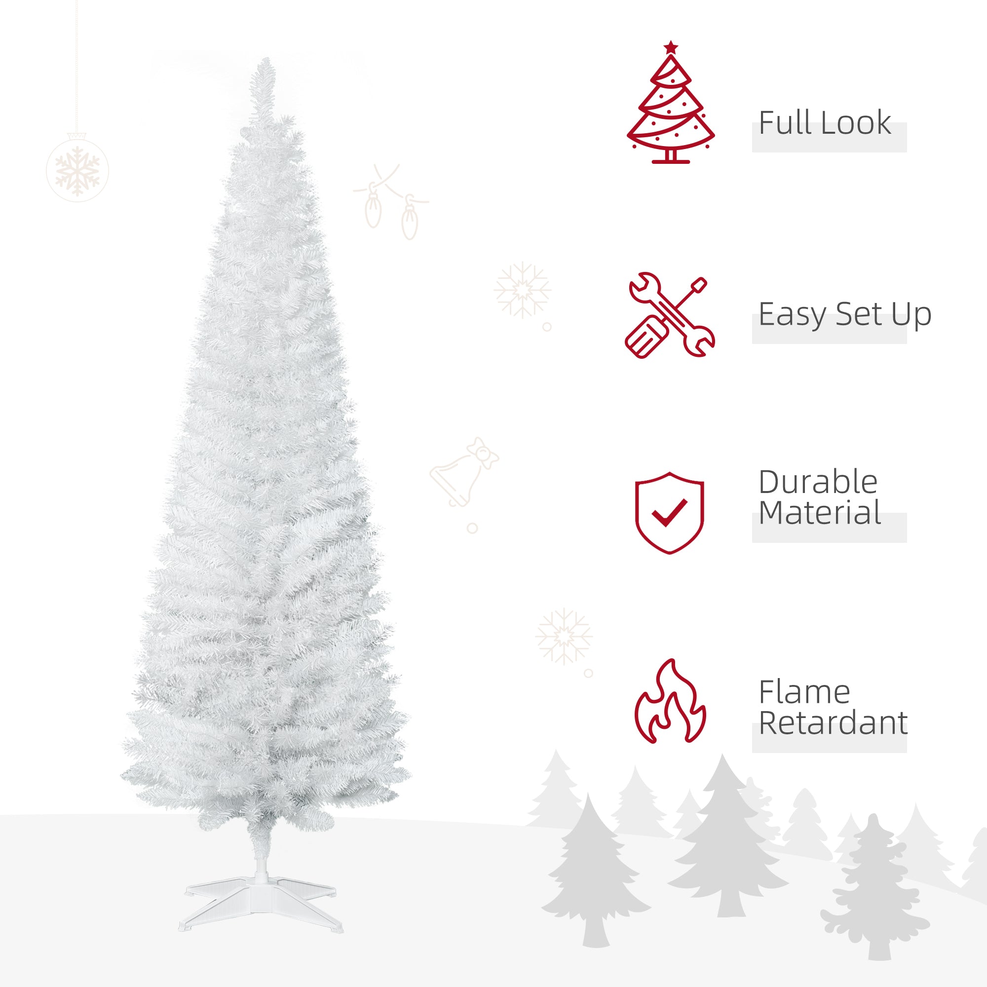 HOMCOM 6ft Slim Pencil Christmas Tree - White, Realistic Artificial Xmas Tree with 390 Branch Tips & Plastic Stand, Easy Assembly, Perfect for Home & Office Decor