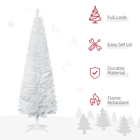HOMCOM 6ft Slim Pencil Christmas Tree - White, Realistic Artificial Xmas Tree with 390 Branch Tips & Plastic Stand, Easy Assembly, Perfect for Home & Office Decor