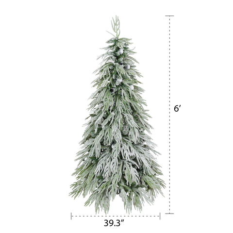6FT Snow Flocked Spruce Christmas Tree | Hinged Artificial Tree with Warm White LED Lights | PE/PVC Mix, White/Green | Home, Office, Holiday Decor