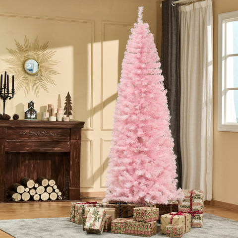 HOMCOM 7ft Pink Slim Douglas Fir Artificial Christmas Tree | 818 Realistic Branch Tips | Indoor Holiday Decor for Apartments &amp; Dorms | Easy Assembly