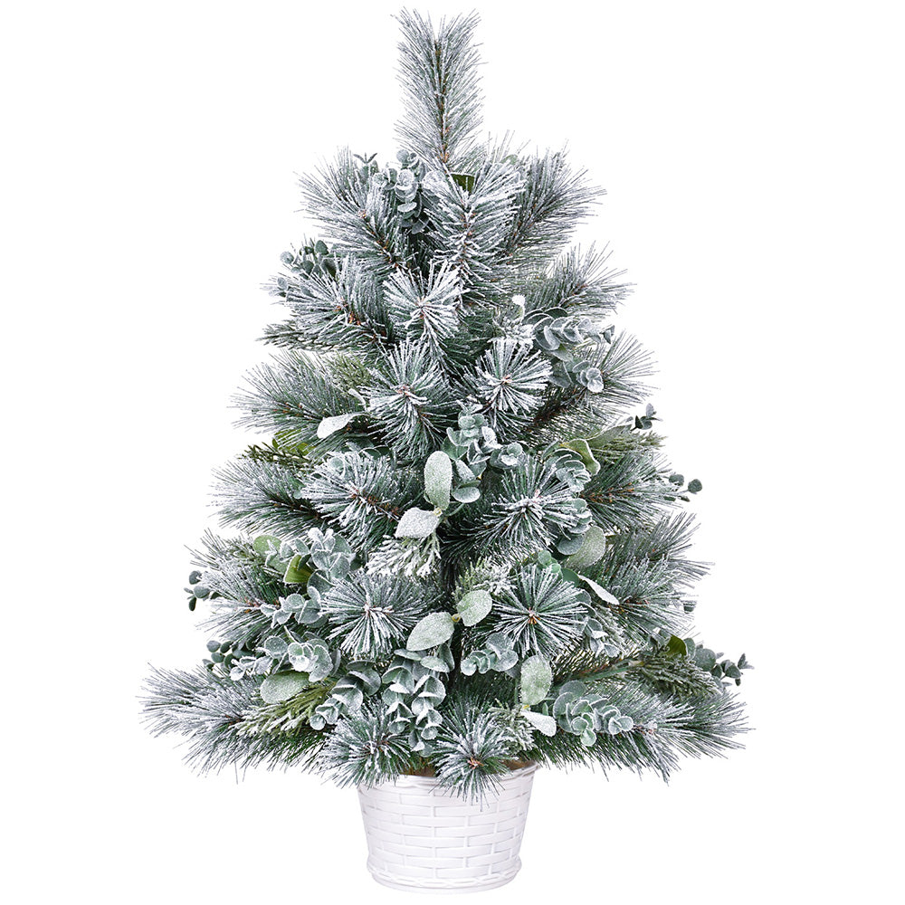 2ft White & Green Tabletop Christmas Tree: 68 Tips, Eucalyptus & Pine Accents, Lightly Flocked PVC with Stable Cement Base - Perfect for Desks, Mantels & Holiday Decor