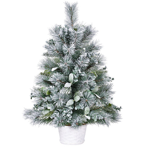 2ft White & Green Tabletop Christmas Tree: 68 Tips, Eucalyptus & Pine Accents, Lightly Flocked PVC with Stable Cement Base - Perfect for Desks, Mantels & Holiday Decor