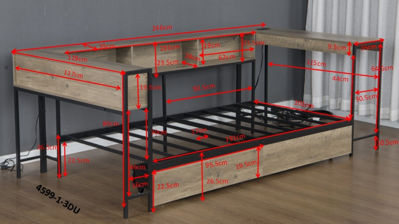 Corner Bed Frame Twin Size with Bookcase and 2 Underbed Storage Drawers, Modern Twin Bed with LED Light and Charging Station, Modern Daybed Reversible Left or Right, Grey