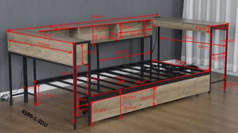 Corner Bed Frame Twin Size with Bookcase and 2 Underbed Storage Drawers, Modern Twin Bed with LED Light and Charging Station, Modern Daybed Reversible Left or Right, Grey