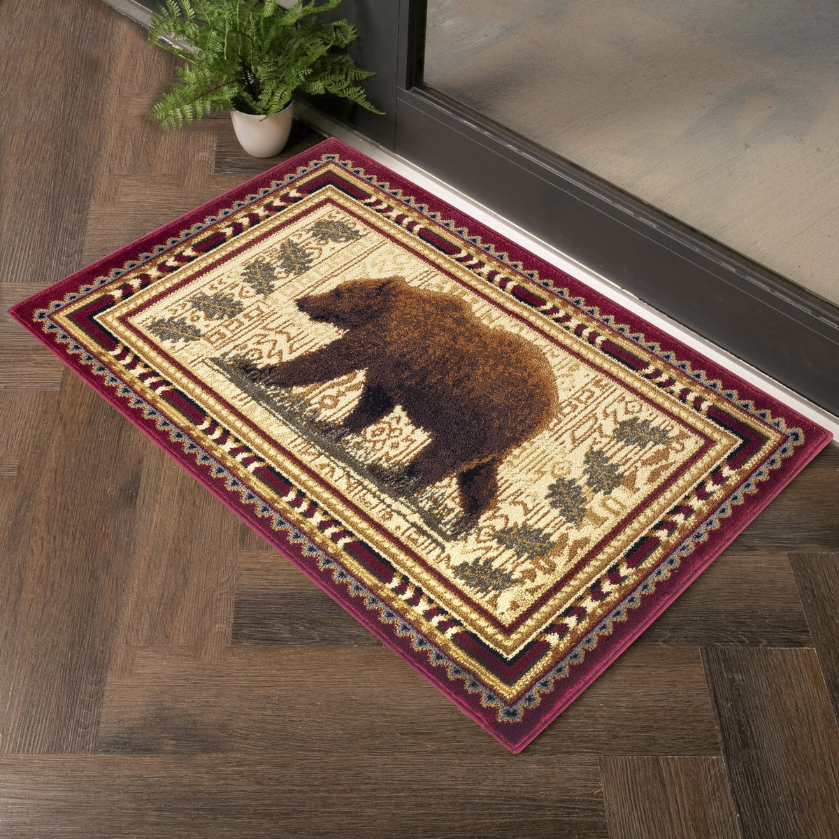 Nature's Nest Lodge Area Rug GC_CBL3007: 5'3" x 7'3" Red Polypropylene Southwestern Bear Design, Stain-Resistant, Durable for High Traffic Areas, Kid &amp; Pet Friendly, 0.39" Pile Height, Made in Turkey