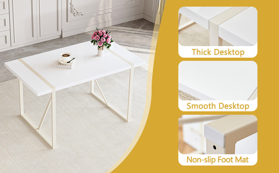 55" Cream-Style White MDF Dining Table Set with 6 Black PU Chairs & Silver Metal Legs - Modern Kitchen Furniture for Family Meals, Seats 6, Durable & Easy Assembly