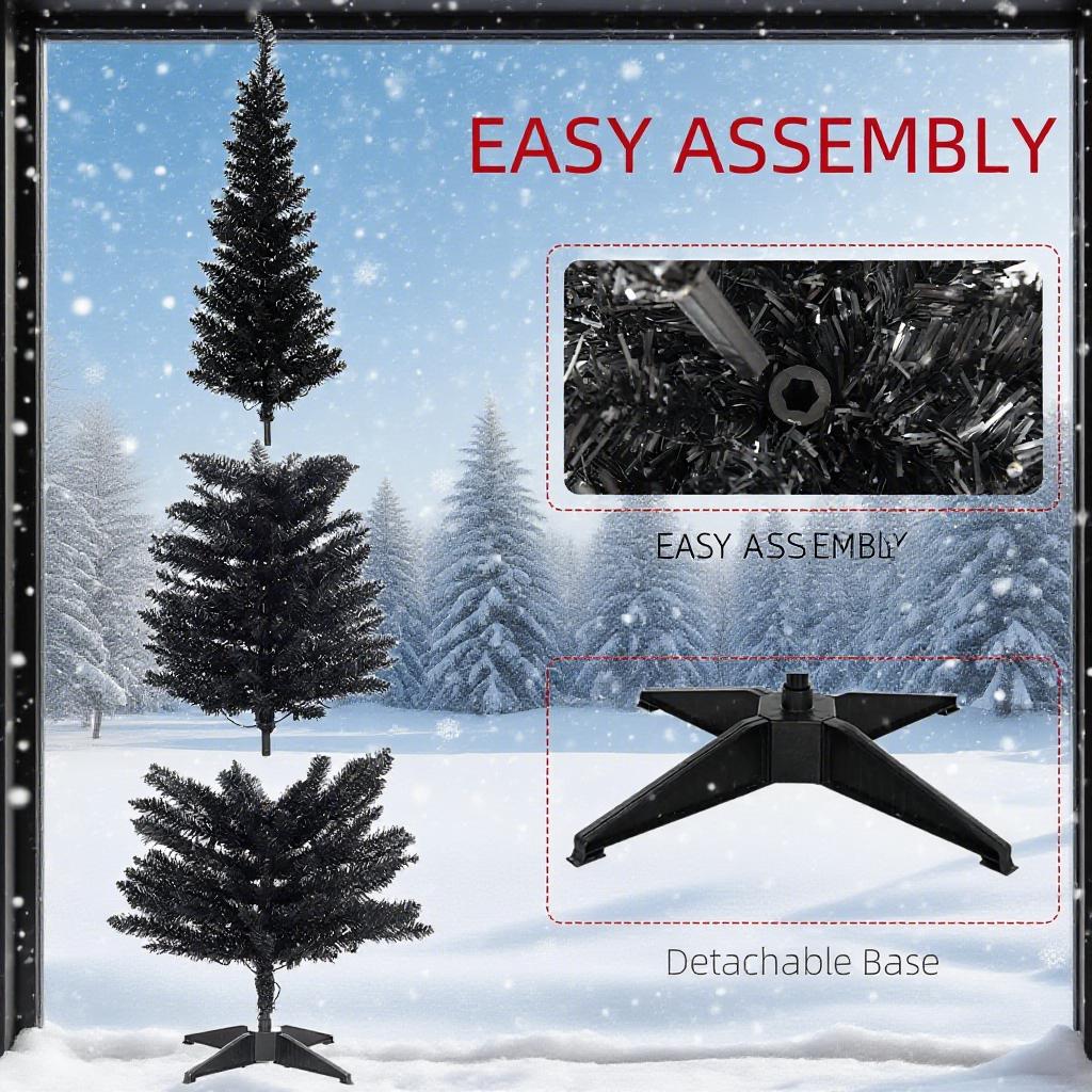 Black 6FT Pencil Christmas Tree with Warm White LED Lights, Slim Artificial Xmas Tree for Small Spaces, Flame Retardant, Easy Setup, Realistic &amp; Lush, Home Decor