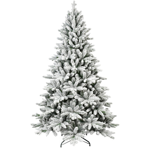 7ft Snowy Flocked Christmas Tree | 1514 Dense PE+PVC Tips | Hinged for Easy Setup | Sturdy Metal Stand | Full Artificial Xmas Tree for Indoor Holiday Decor