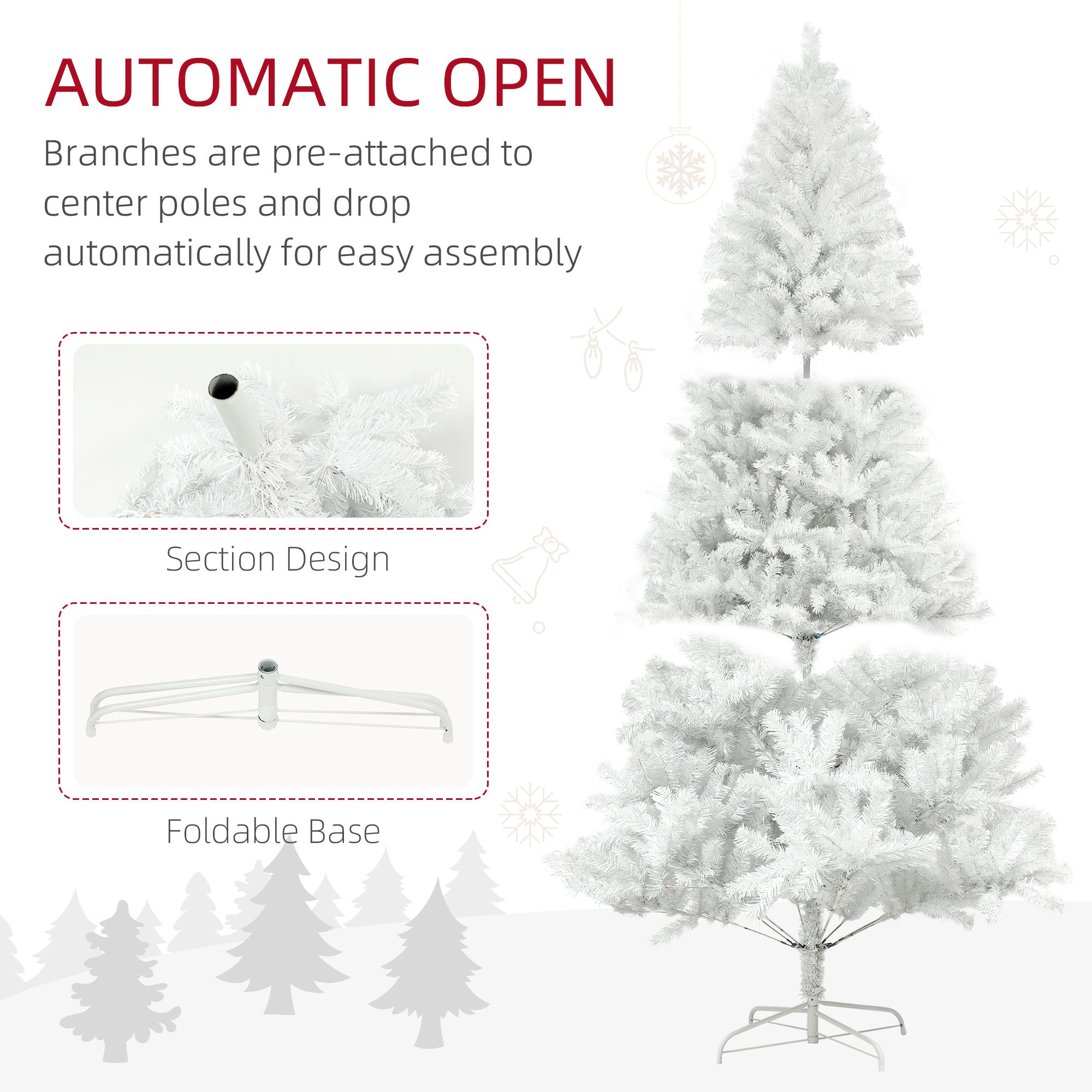 HOMCOM 6ft White Unlit Artificial Christmas Tree - 1000 Branch Tips, Auto-Open, Steel Base - Realistic Holiday Decor for Home &amp; Office, Easy Assembly &amp; Storage