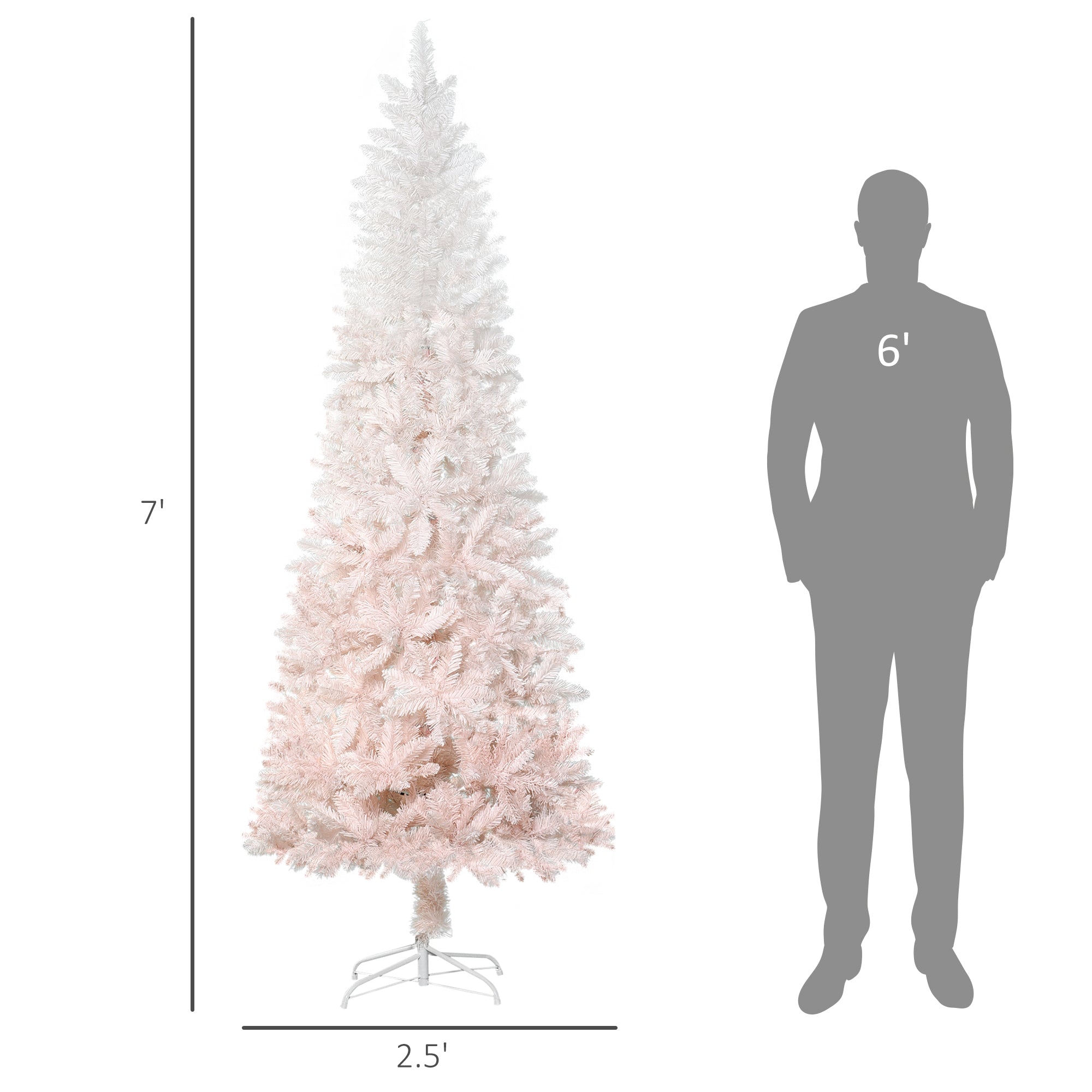HOMCOM 7ft Pink & White Pencil Fir Artificial Christmas Tree - Unlit, Slim PVC, Realistic Branches, Steel Base - Perfect for Small Spaces, Entryways, Festive Home Decor
