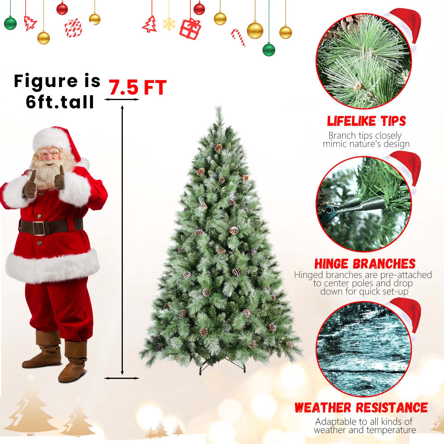 8FT Pre-Decorated Christmas Tree: 1858 Mixed PVC & Hard Needle Tips, 102 Pine Cones, Hinged for Easy Setup, Sturdy Metal Stand - Lush Full Holiday Decor for Home & Office