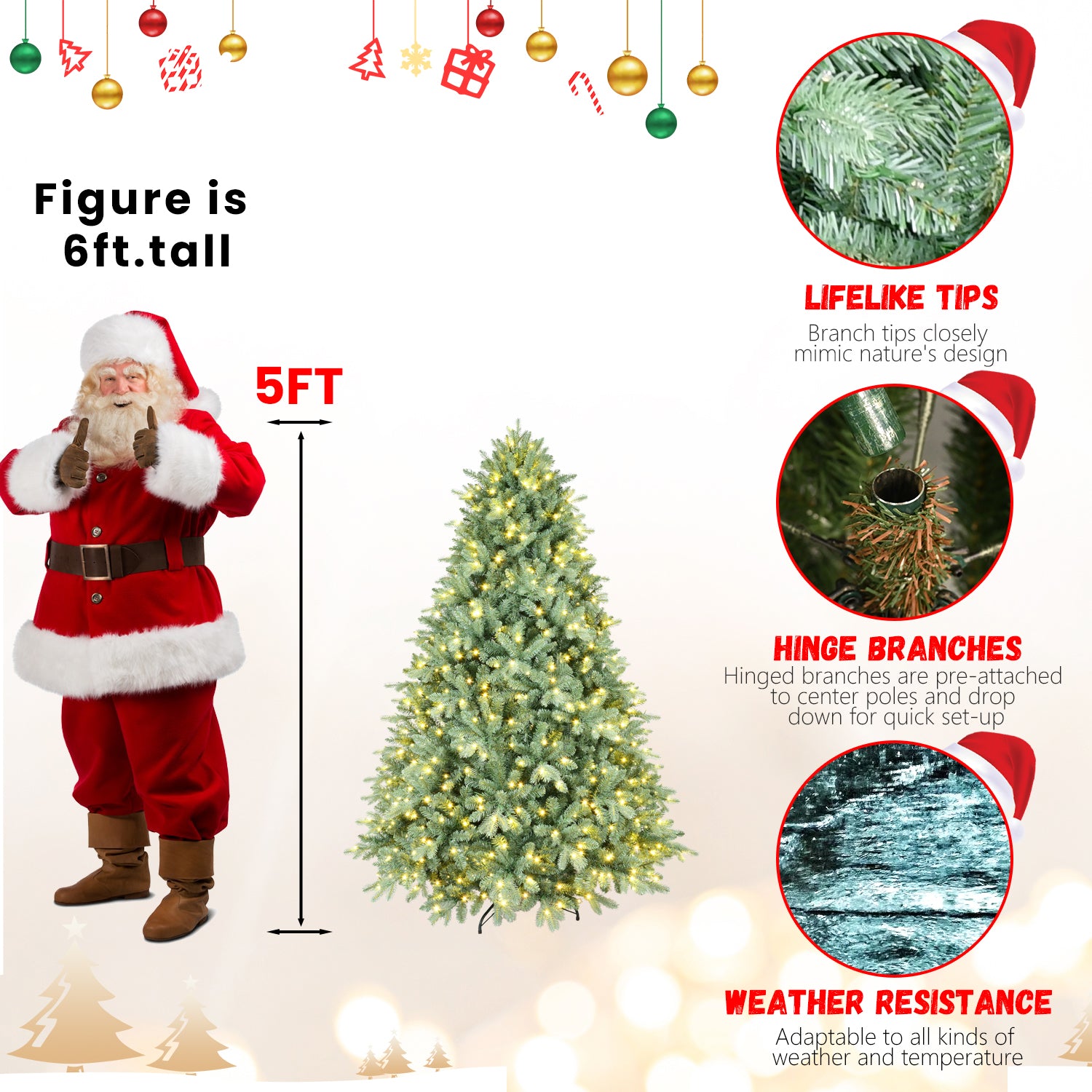 6FT Blue-Green Tint Pre-Lit Christmas Tree - 500 Warm White LED Lights, 1878 PE+PVC Tips, Hinged Branches, Metal Stand - Realistic &amp; Easy Setup Holiday Decor for Home &amp; Office