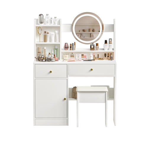 Fashion White Vanity Desk with Mirror & Lights, 3 Color Lighting, Adjustable Brightness, 2 Drawers, Storage Shelves, Cushioned Chair Included, MDF, 35.4" W, Bedroom & Makeup Use