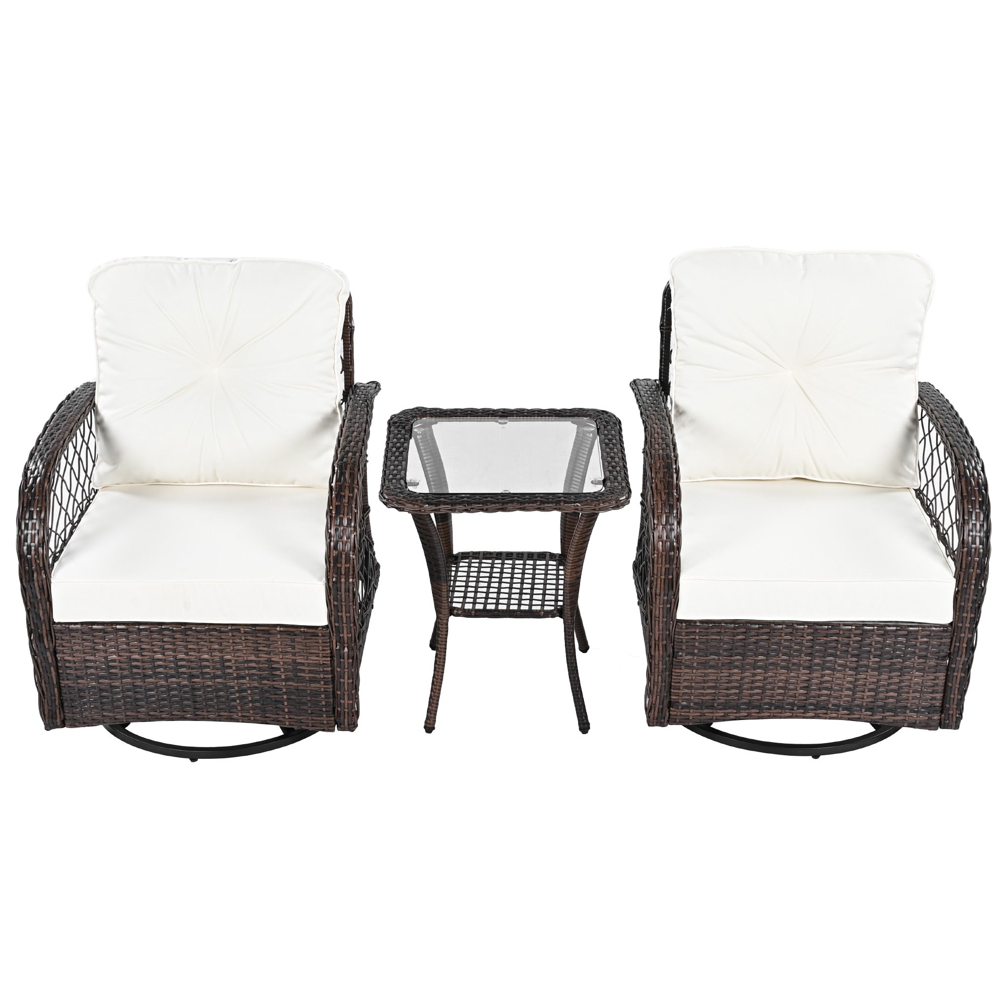 3-Piece Brown Rattan Outdoor Chat Set: 2 Swivel Rocker Chairs &amp; Glass Top Table for Garden Patio Balcony, Weather-Resistant Wicker Seating Group with Cushions