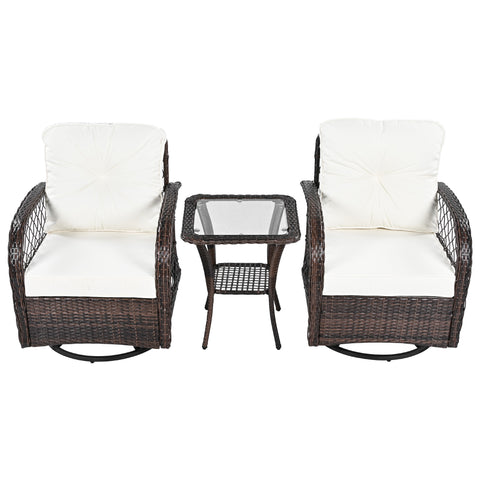 3-Piece Brown Rattan Outdoor Chat Set: 2 Swivel Rocker Chairs &amp; Glass Top Table for Garden Patio Balcony, Weather-Resistant Wicker Seating Group with Cushions