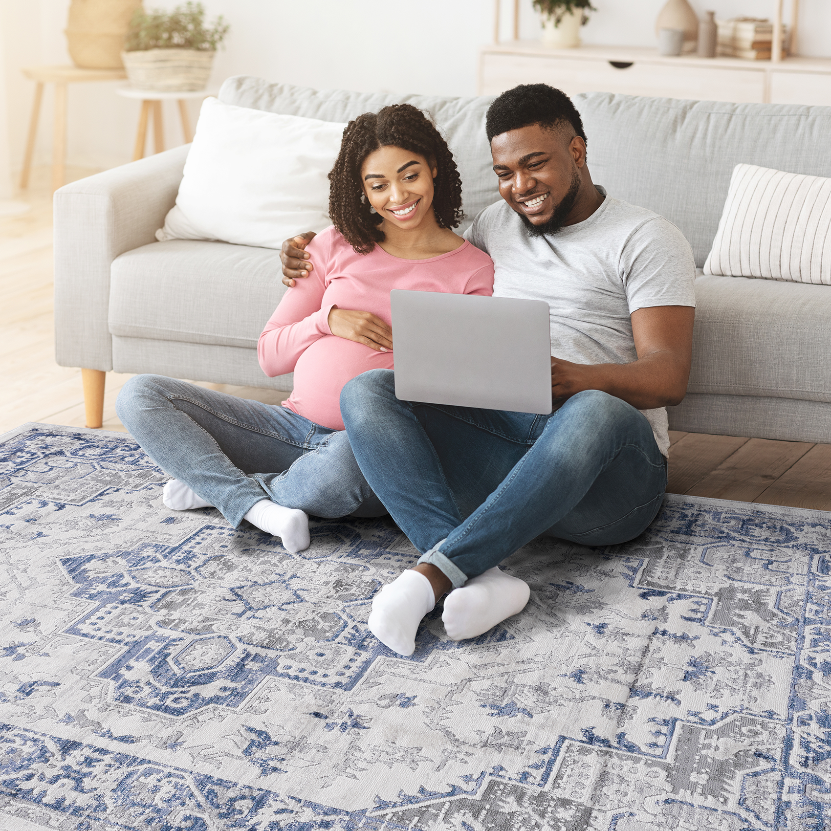 MARFI Collection 2'x3 Blue & Grey Oriental Doormat Rug - Stain-Resistant, Non-Shedding Polyester | Kid & Pet-Friendly, Medium 0.35" Pile | Durable Turkish Entryway Rug