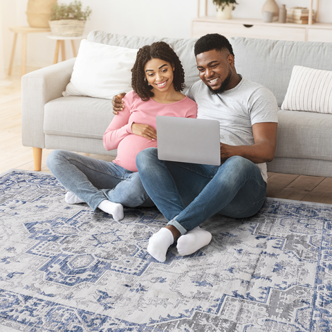 MARFI Collection 2'x3 Blue & Grey Oriental Doormat Rug - Stain-Resistant, Non-Shedding Polyester | Kid & Pet-Friendly, Medium 0.35" Pile | Durable Turkish Entryway Rug