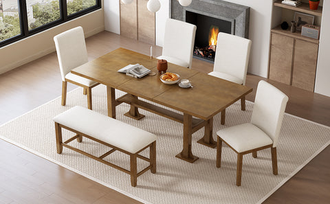 TOPMAX Farmhouse 76" Extendable Dining Table Set for 6: Dark Brown Solid Wood Trestle Kitchen Table w/ 18" Removable Leaf, Upholstered Chairs & Bench for Dining Room