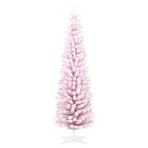 HOMCOM 6ft Pink Snow Flocked Artificial Pencil Christmas Tree - Slim, Realistic Plastic Branches, Flame-Retardant, Easy Assembly &amp; Storage for Festive Indoor Decor