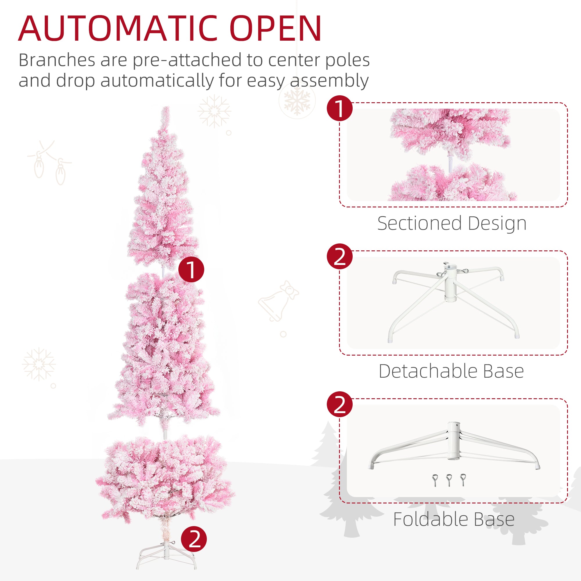 HOMCOM 7.5ft Pink Snow Flocked Pencil Christmas Tree: Realistic Slim Artificial Pine with Auto-Open, Flame-Retardant Plastic for Festive Home Decor & Holiday Ambiance