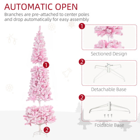 HOMCOM 7.5ft Pink Snow Flocked Pencil Christmas Tree: Realistic Slim Artificial Pine with Auto-Open, Flame-Retardant Plastic for Festive Home Decor & Holiday Ambiance
