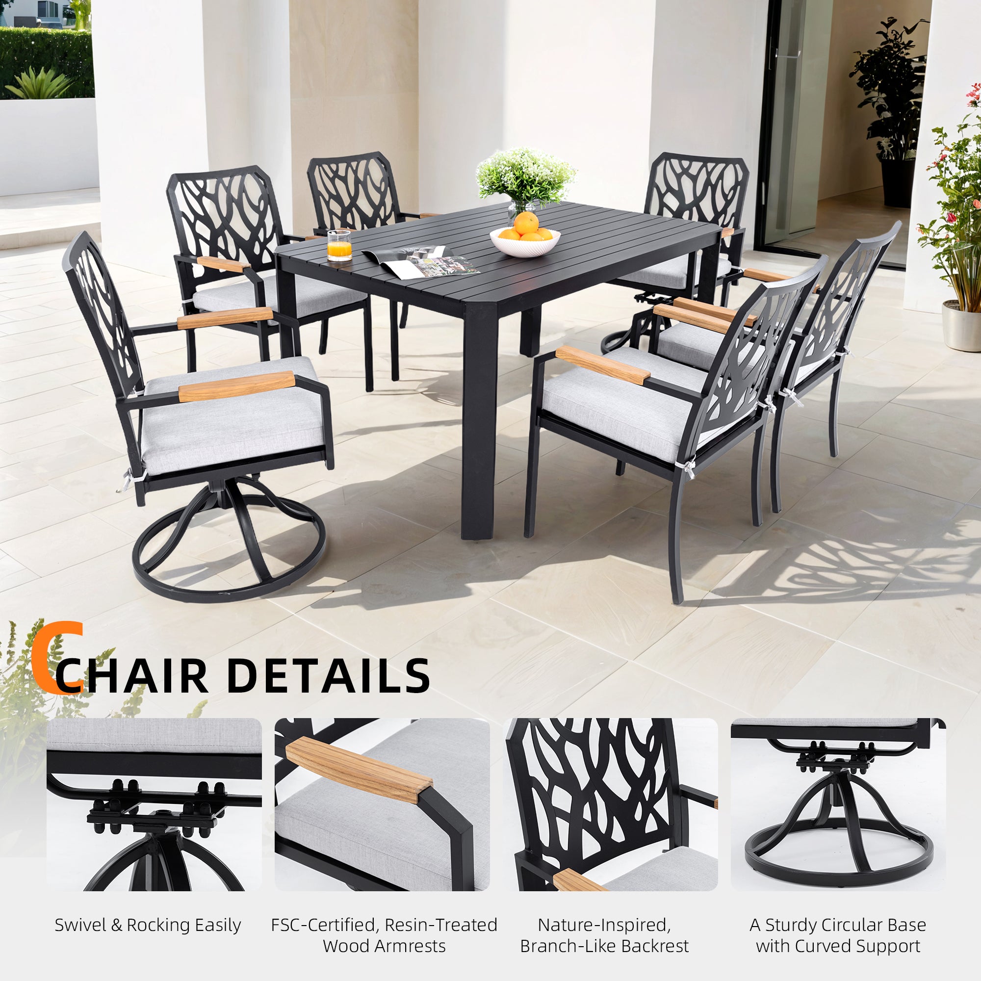 7-PC Bourbon Brown Aluminum Patio Dining Set: 6-Seater Outdoor Furniture with 4 Chairs, 2 Swivel Rockers, Sunbrella Cushions, Branch Backrest, Rectangular Table w/ Umbrella Hole for Garden & Patio Relaxation