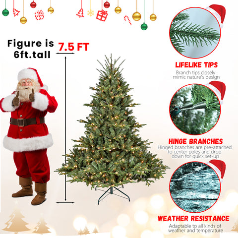 7.5FT Full Shape Christmas Tree | 2441 PE/PVC Tips, 850 UL Warm White Lights | Hinged for Easy Setup | Sturdy Metal Stand for Home &amp; Office Decor