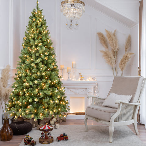 7ft Pre-Lit Green PVC Christmas Tree | 400 UL Warm White Lights | 1072 Full Tips | Auto-Unfold Memory Wire | Easy Assembly | Stable Metal Stand for Home &amp; Holiday Decor