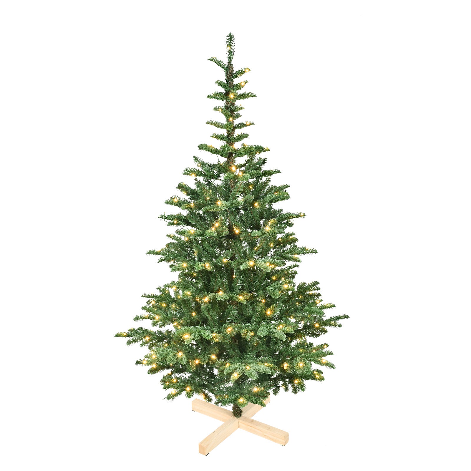 6ft Pre-Lit Artificial Christmas Tree | 611 PE+PVC Tips, 300 Warm White LEDs | Rustic Wooden Base | Realistic Layered Green Holiday Decor for Home