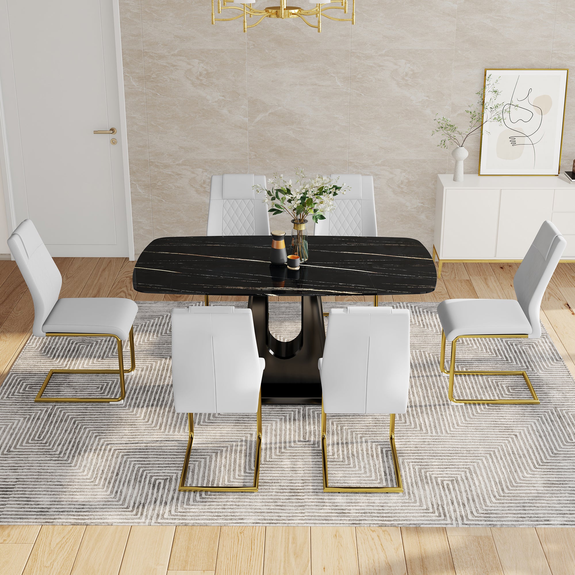 Modern Minimalist Dining Table Set with Imitation Marble Glass Top & Comfortable Chairs, Seats 4-8, U-Bracket MDF Legs, Black+Gold, Perfect for Dining & Living Rooms