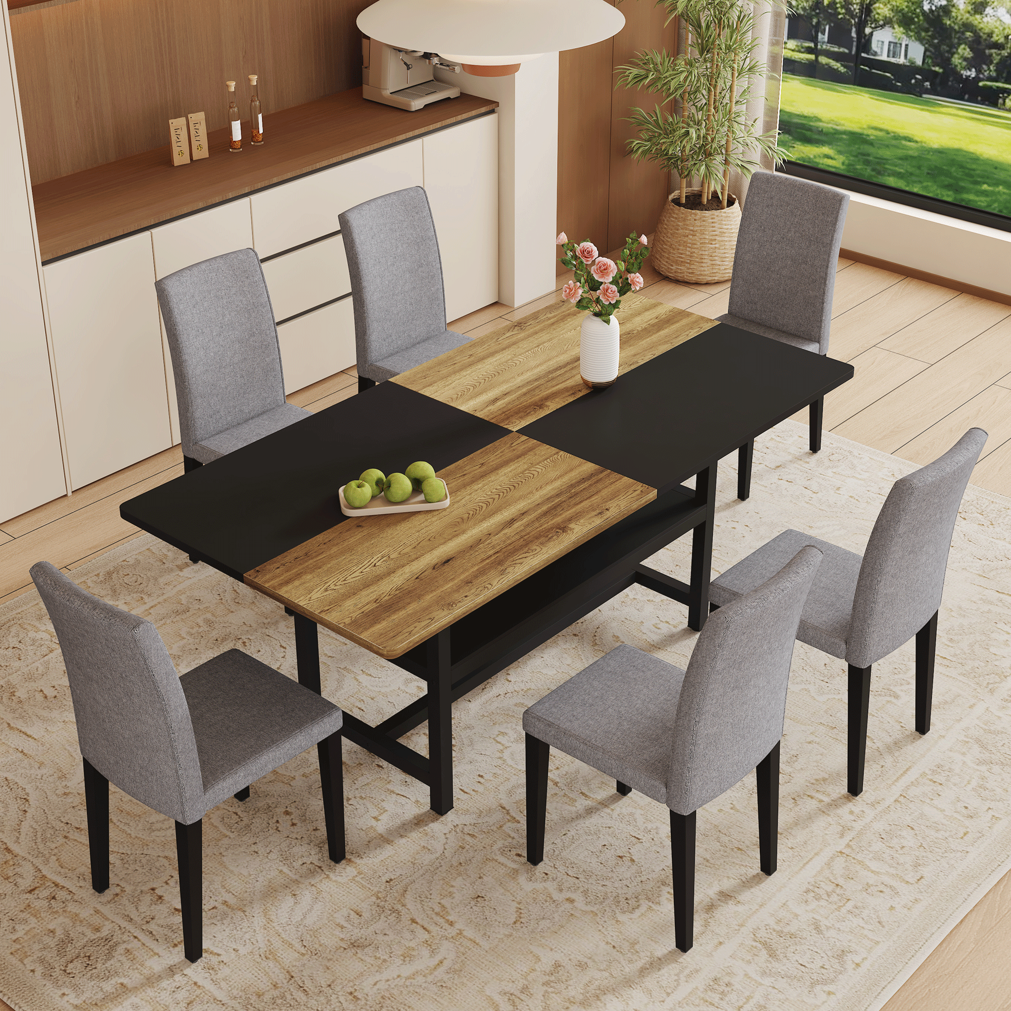 71" Wooden & Black Spliced Dining Table Set with Storage, Seats 6, Paired with Light Gray Linen-Cotton Chairs - Perfect for Kitchen, Dining Room, Home Gatherings