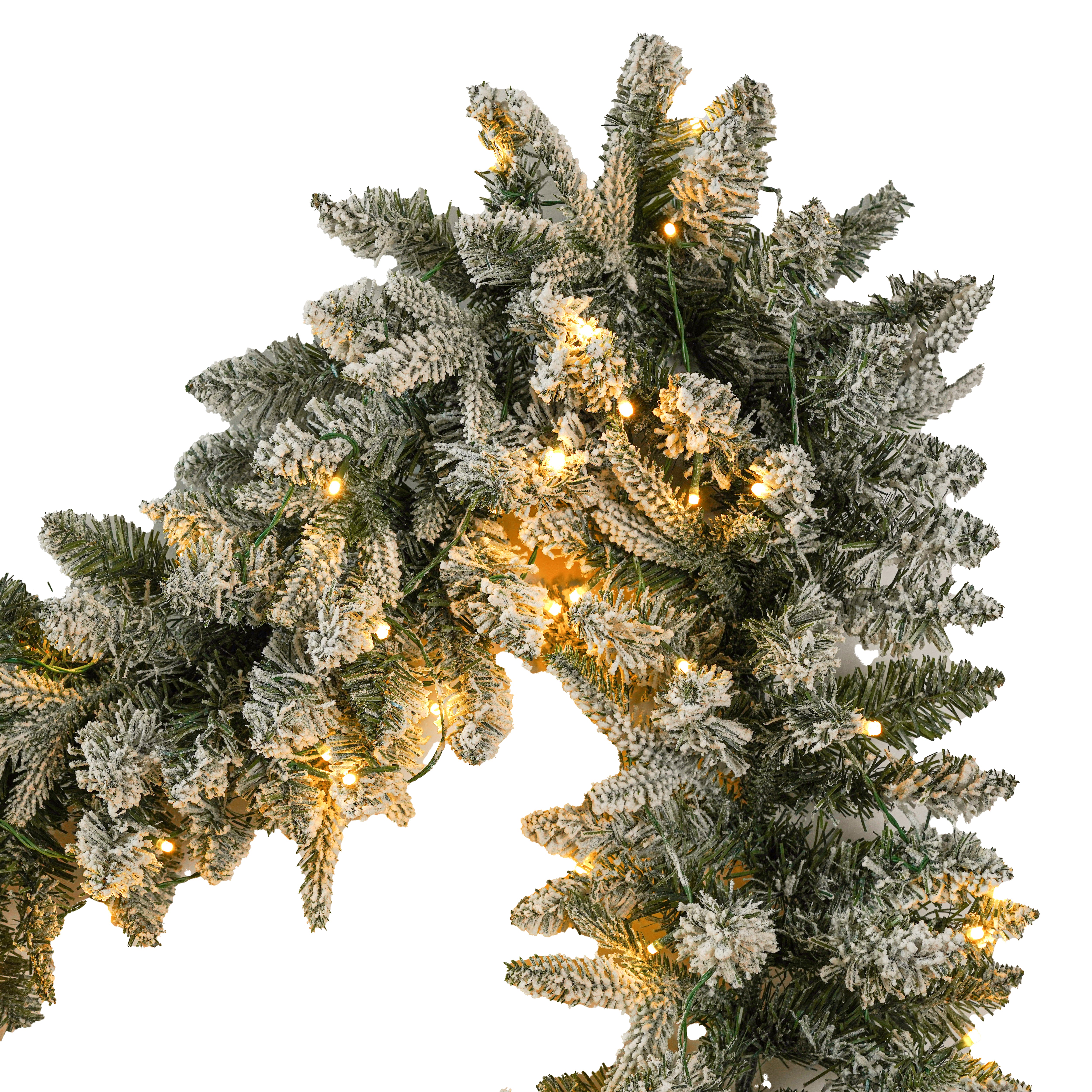 Snow Flocked Christmas Wreath, Garland & 6ft Tree 3-Pack Decor Set | Warm White LED Lights | 900-Tip PVC/PE Tree | Indoor/Covered Outdoor Use | Festive Winter Wonderland Ambiance