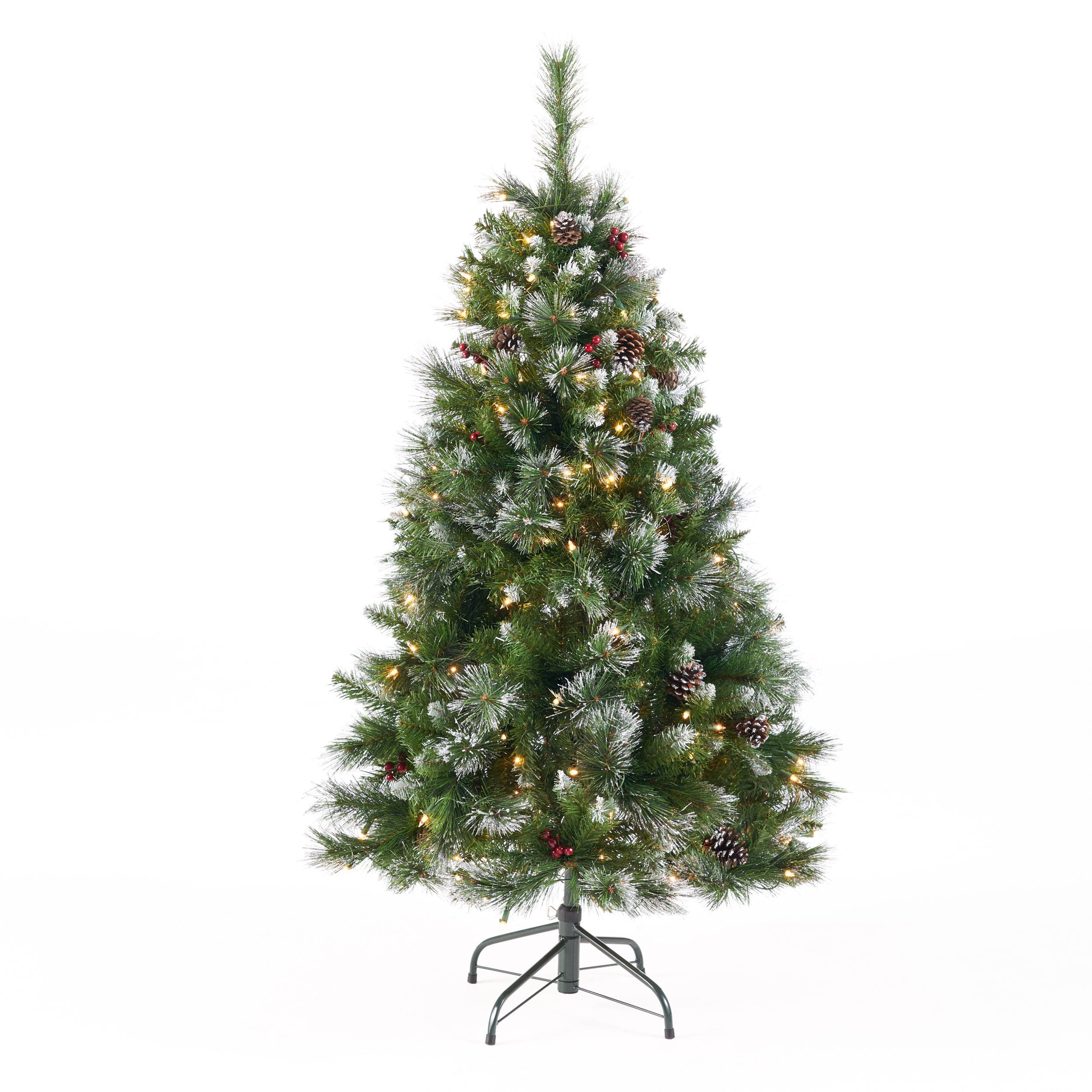 54" Glitter Bristle Mixed Hinged Christmas Tree - Green PVC, 407 Tips, Red Berry & Pine Cone Accents - Perfect Holiday Home Decor for Living Room & Indoors
