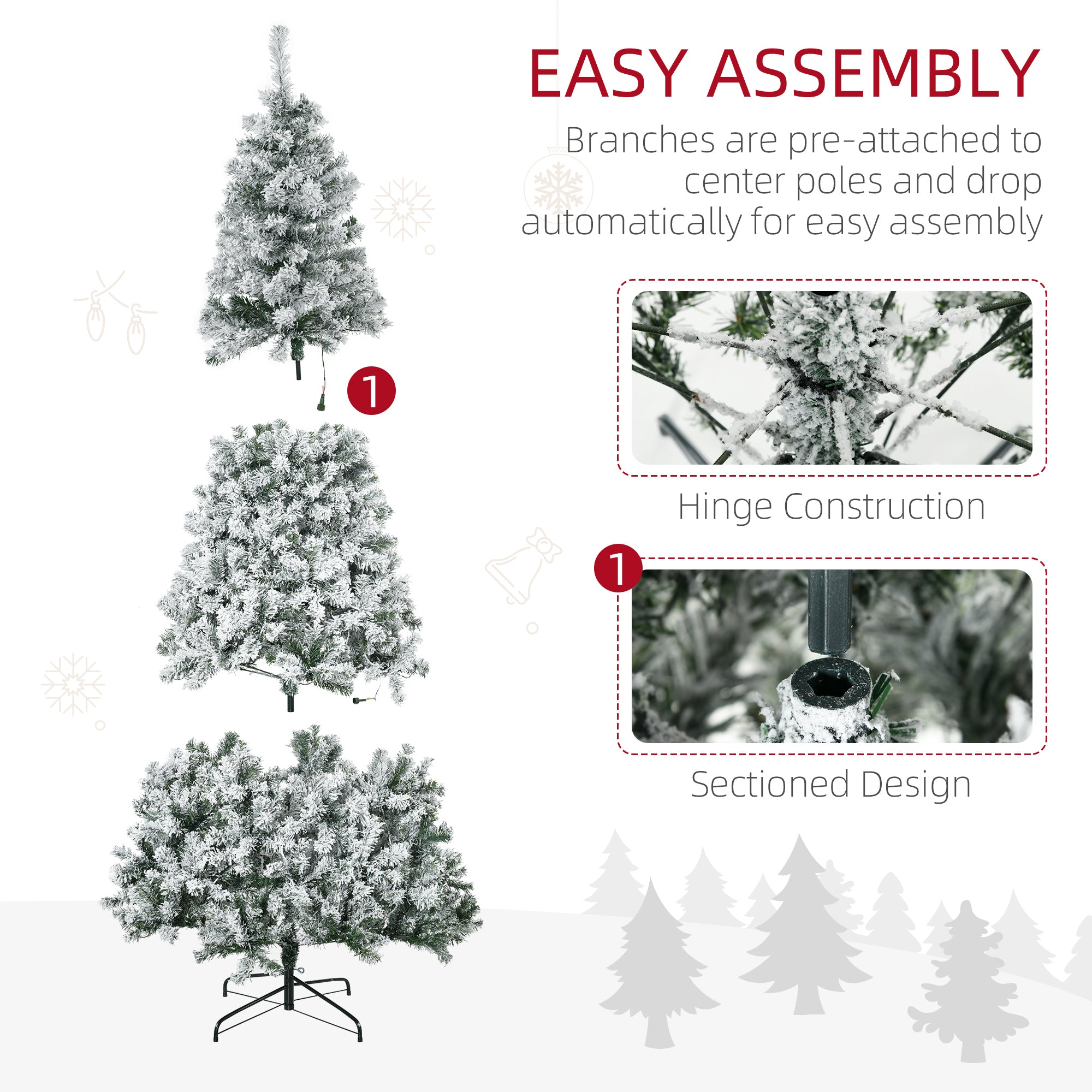 HOMCOM 7.5ft Snow Flocked Artificial Christmas Tree | 1188 Branches, 500 Warm White LED Lights, Auto Open, Green | Realistic Holiday Decor for Indoor Home & Fireplace Ambiance