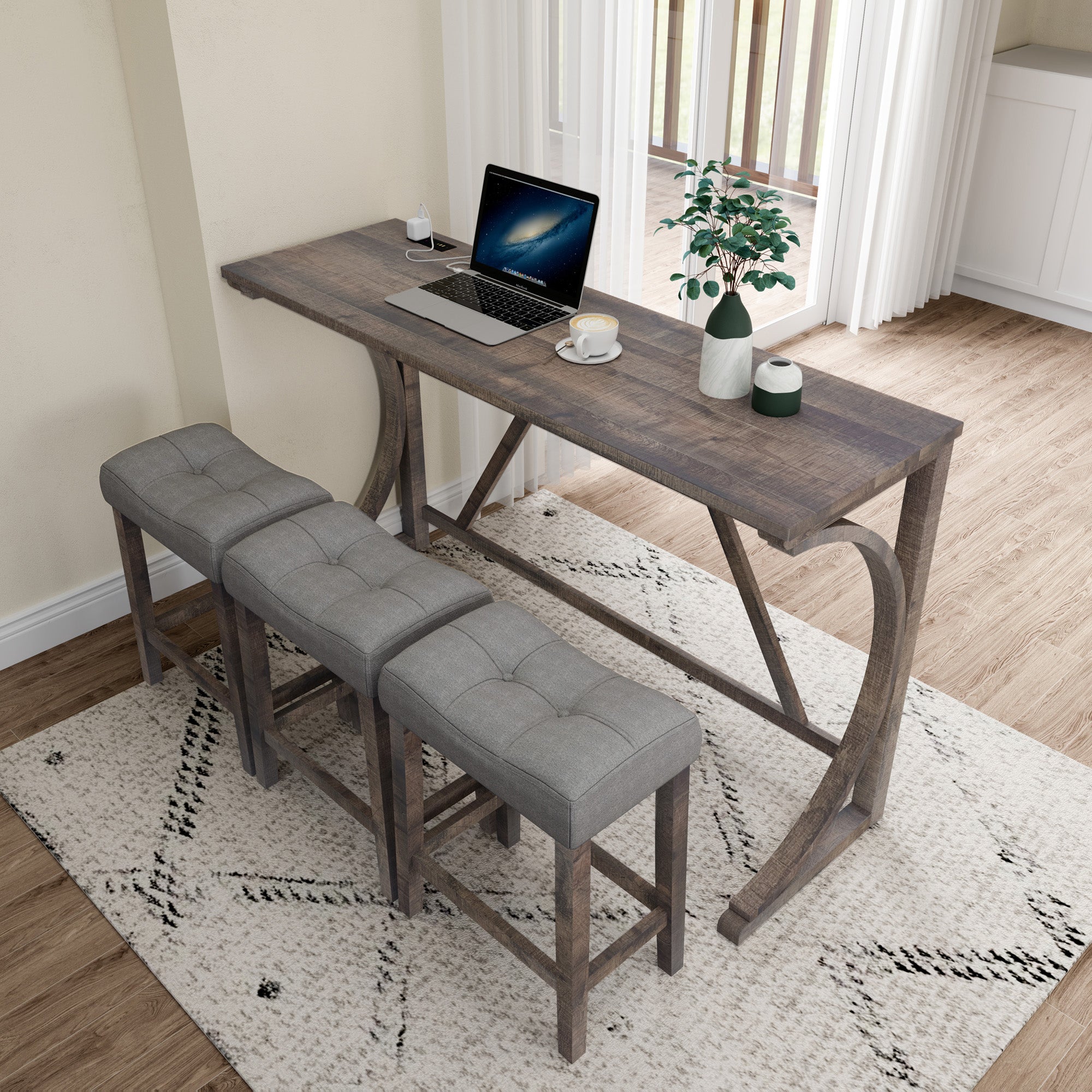 Industrial 4-Piece Bar Table Set with Power Outlet - Rustic Wood Grain Dining Table &amp; Comfy Linen Stools (59"x19"x36") - Space-Saving Breakfast Nook for Living Room, Game Room