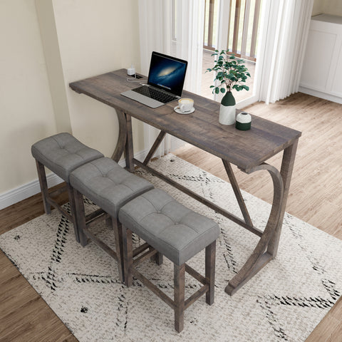 Industrial 4-Piece Bar Table Set with Power Outlet - Rustic Wood Grain Dining Table &amp; Comfy Linen Stools (59"x19"x36") - Space-Saving Breakfast Nook for Living Room, Game Room