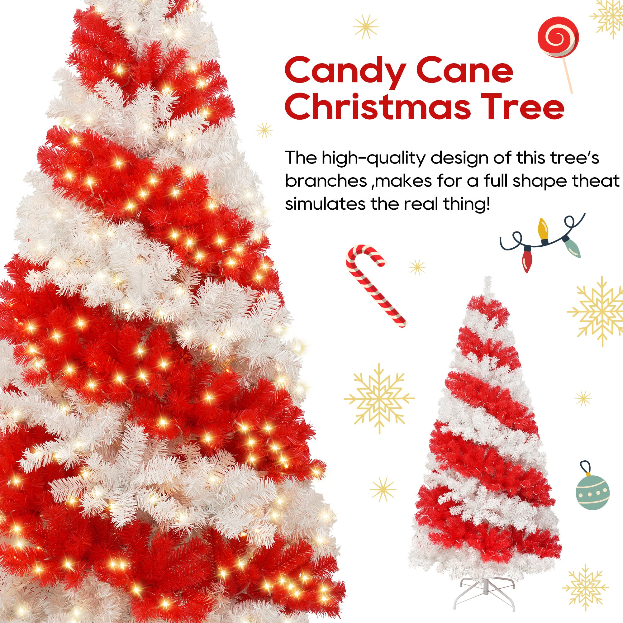 6ft Candy Cane Christmas Tree with 300 Warm White LED Lights & 900 Bendable Branches, Premium PVC Holiday Decoration for Home, Parties, Indoor Xmas Decor