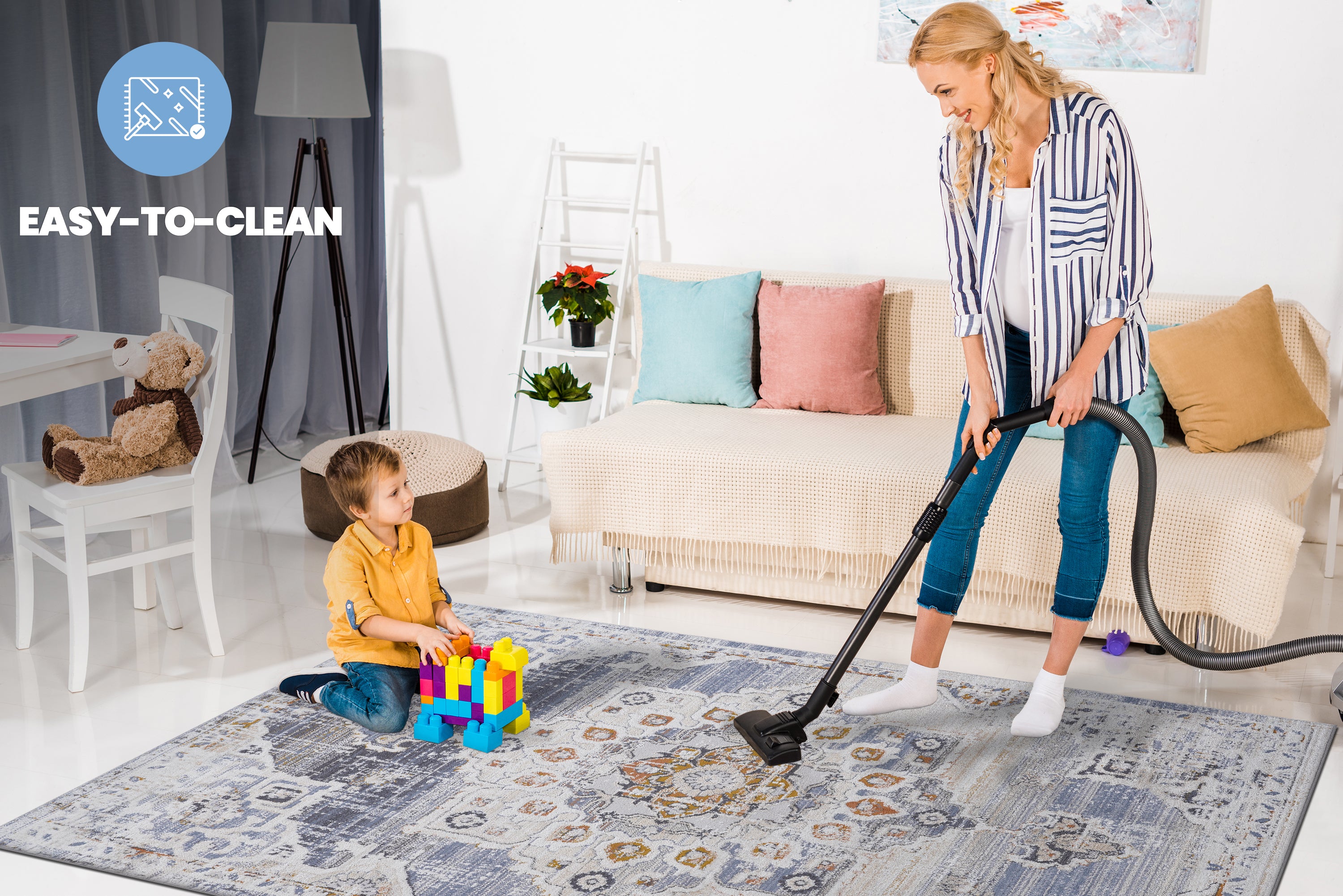 PAYAS Collection 6x9 Cream & Gold Medallion Area Rug - Stain-Resistant, Non-Shedding Polyester, Medium Pile, Kid & Pet-Friendly, Durable for Living Room, Bedroom, Entryway