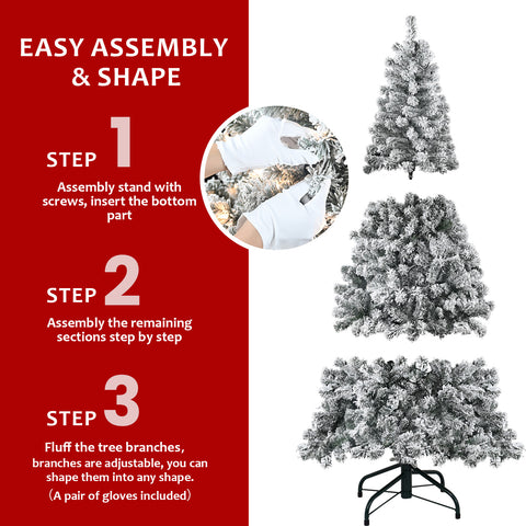 5FT Flocked Snowy Christmas Tree | 150 Warm White Incandescent Lights | 407 Tips | Sturdy Metal Stand | PVC | Green/White | Perfect for Home, Office, Apartment Decor