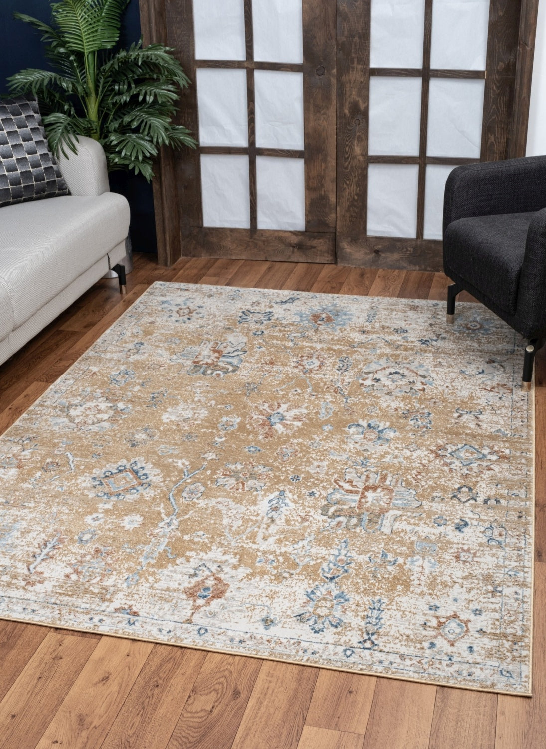 Noble GC_GEN7008 2'7"x7'3" Gold Polyester Area Rug - Soft, Stain-Resistant, Durable for Entryway, Living Room, High-Traffic Areas, Made in Turkey