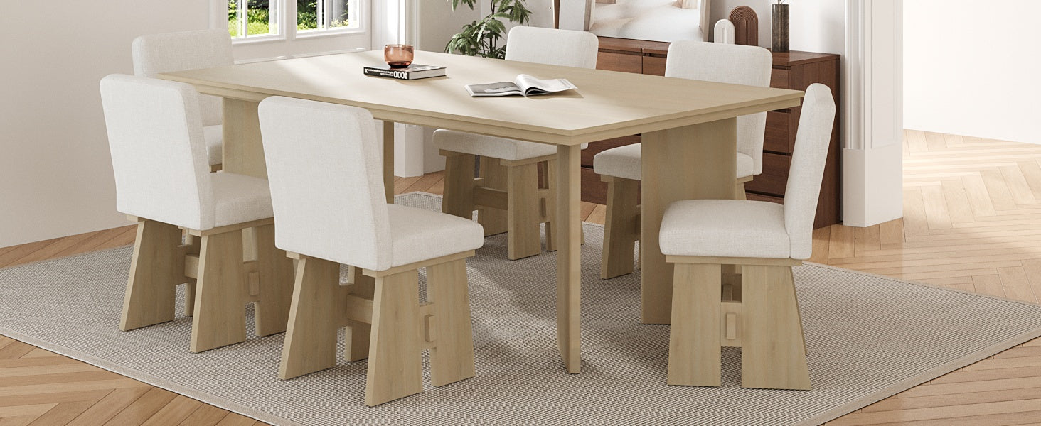 TOPMAX 7-Piece Solid Rubberwood Dining Set: 63.4" Natural Table &amp; 6 Upholstered Beige Chairs for Dining Rooms, Space-Saving Tuck-Away Design, Seats 6, Modern Farmhouse Style